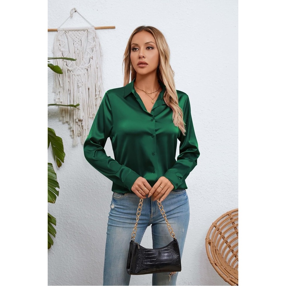 Satin Silk Button Down Shirts Long Sleeve Blouse Casual Work Office Top XL - Picture 2 of 4